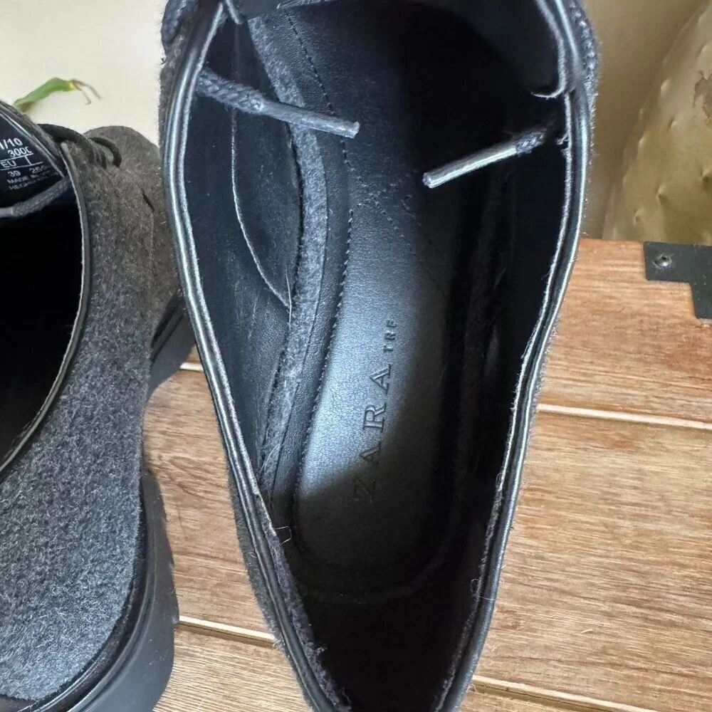 Zara Gray Felted Flannel‎ Blucher Platform Track Sole 90s Academia Oxford Shoes